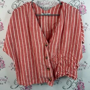 Dex button up tshirt orange Red and White Striped Blouse brown buttons